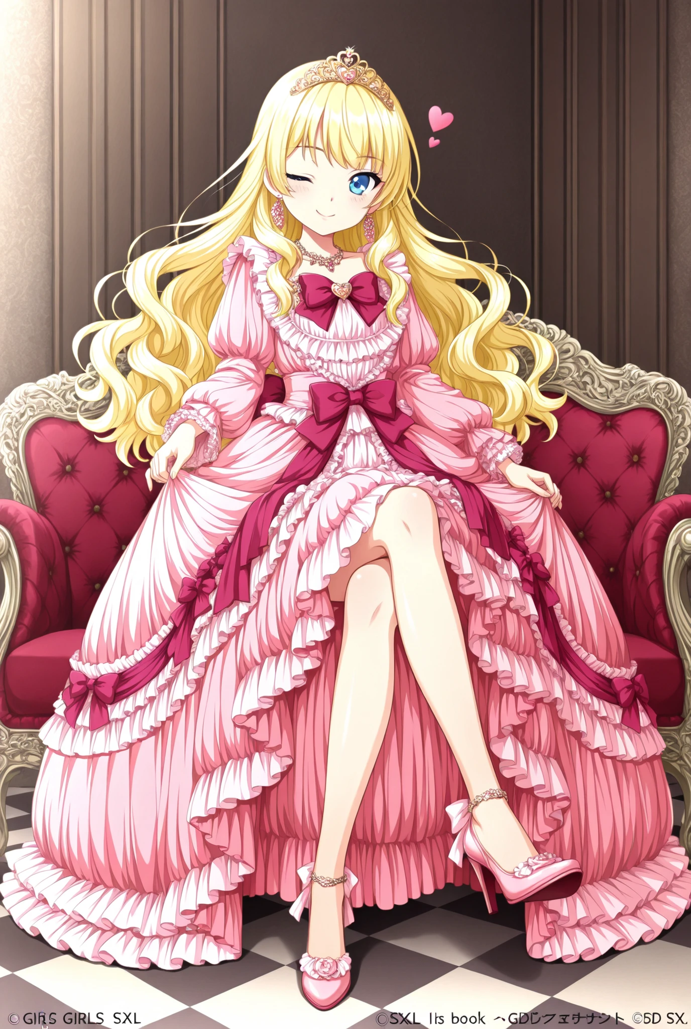 a large anime style cartoon girl in high heels and a pink dress, 1girl, blonde hair, one eye closed, smile, heart, solo, long hair, crossed legs, , jewelry, sitting, high heels, checkered floor, frills, blue eyes, bow, wavy hair,((Lora.girls book story sdxl,,)),A Cute Princess, she is smiling,((pink Silk Satin Victorian big Ball Gown Dress.:1.0)),baby face,long sleeves,The dress is decorated with lots of frills and ribbons., blond wave Long hair that reaches down to the waist,They are wearing princess tiara on the head,in the luxurious European rococo style palace,