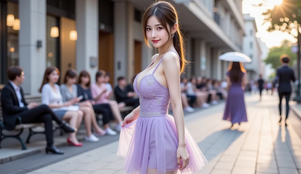 Top image quality, masterpiece,Black eye, 1womanl, 25-years old, (((femele))), 独奏, realisitic, Photorealsitic, 8K, hight resolution, 独奏, extra detailed face, (profetional lighting、bokeh dof), (light particules、lensflare、Luminous particles:0.6), (dynamicposes:1.2), Soft lighting, Top Angle View, Fashionable and trendy atmosphere, jpn, a street, TOKYOcty, , ((during daytime)), Skysky, ((Look at viewers:1)), (looking in camera)、(portlate:0.6)、a gorgeous、is standing、Keep the original facial proportions、broad shoulder、full body Esbian、(Large breasts)、(Medium Hair)、brown haired、Floating hair、s lips、lipsticks、seducting smile、Floating hair、A smile、Open_Mouth、tusk、flowery pattern summer dress、Eye lashes、(At 8K、Raw photography、Highest Quality、realisitic、Photorealsitic、Professional Lighting、masterpiece、extremely delicate and beautiful、Highly detailed、finely detail、ultra-detailliert、hight resolution、beautiful and detailed face、Textured skin、full-shot:2、low angles:1.5)、1girl in、独奏:2、beautiful model、Beautiful expression:1.5、a short skirt、Blue Panties:2、String panties、Long body、college aged、18year old、brown curled head hair、high-heels、Accessories for the neck and hands、Branded Bags、a park、In a city with many people