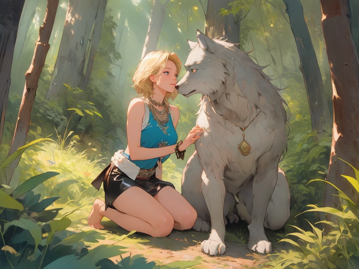 A girl, short hair, green eyes, fully naked, playing with a white wolf, moonlit night on a hill