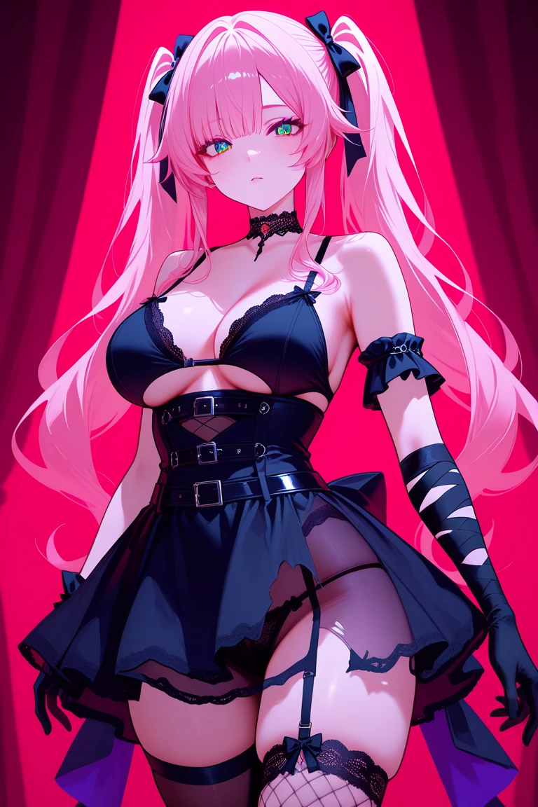 1girl, anime, cute girl, blank background, white background, fantasy, detailed fantasy dress with highlights, beautiful face, beautiful eyes, dark colors, pink hair with some streaks of blue strands, different color pupil in eye, medium small breasts (slightly big), slight cleavage, beautiful skin, cute, breast curtains, extremely delicate and beautiful, (beautiful detailed face:1.0), (detailed deep eyes), symmetrical breasts, deep eyes, shiny skin, portrait, slender waist, hips wider than shoulders, thighs, expressionless, young girl, luminous eyes, adorable，（Kpop idol）,（aegyo sal：1），（Platinum blonde hair：1），（（puffy eye）），Black panty，sexy posture，Superskirt, ultra high resolution，Black collar，slim figure, Abdominal y tattoo, womb tattoo，Tight-fitting leg ring，y tattoo on half-body，Bare skin, Armored hand，Hidden fingertips，Hand covered，Arm covered，Fist covered,{{beautiful detailed fingers}}, tufts of hair, moderate beautiful breast:1.0,