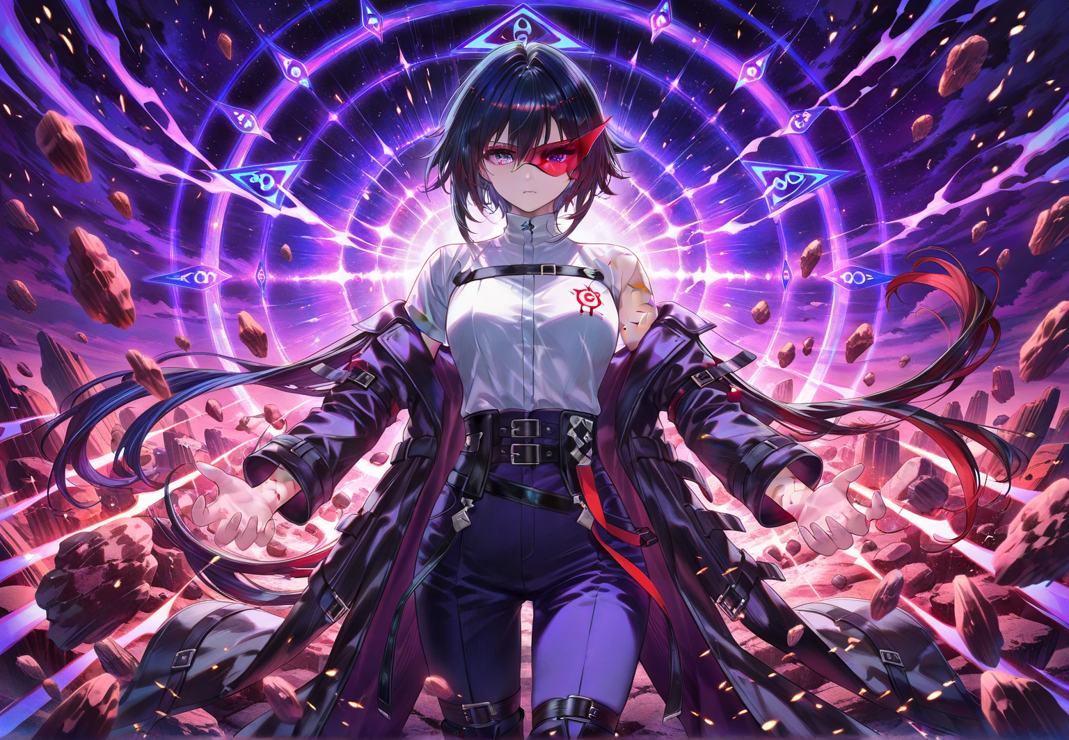 masterpiece, vampire boy,best quality, ultra-detailed, illustration, close-up, straight on, face focus, solo,, short hair, city, sunlight,(Soft glow:1.1),light smile,8k, best quality, ultra high res, vampire male, high quality,cyberpunk style, wearing round glasses, sci-fi, anime vampire boy, red purple Black mixed hair, half red half purple eyes, wearing round glasses, silver cross necklace, black rings, fangs, smile, wearing a big cybercoatwith different lighting in it , long big cybernetic scythe, outsideon Japanese street, close up photo