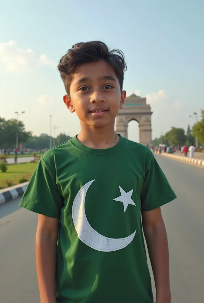 A boy with a picture of Pakistan flag on his shirt and Pakistan student written in green color behind it.