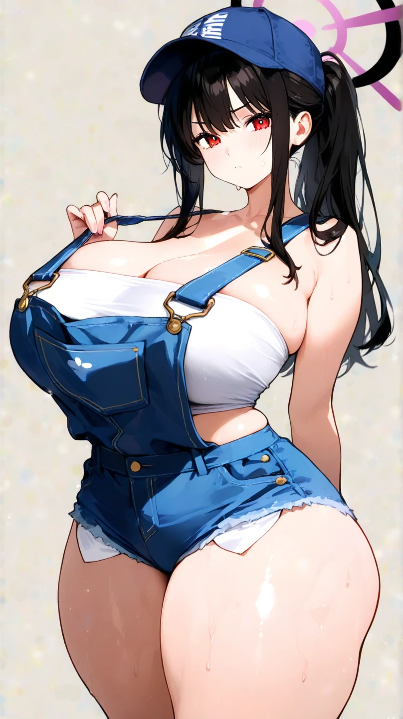 30 years old,1 mature woman,hyperrealistic, 8k, (extremely detailed 8k), (very delicate and beautiful), (masterpiece), (better quality:1.0), (ultra high resolution:1.0), (masterpiece, best quality),cute,black hair,big breasts,ponytail,POV,overalls,full body,white background,leaning forward,