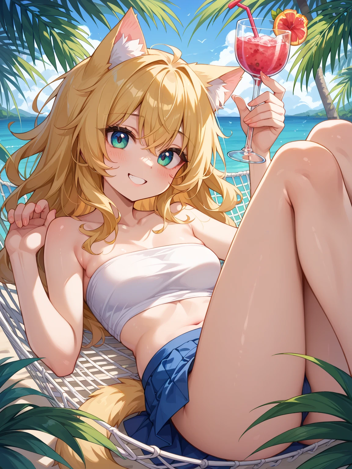 best quality,best resolution,(fluffy anthro furry :1.6),(young :1.6), cat girl,yellow hair,long hair,wavy hair,light yellow fur,pink eyes,glistering eyes,sparkle eyes,small breasts,white bikini with pink striped print,glasses,beautiful beach,sunset,evening,(orange sky),(orange light),looking at viewer,full face blush,sexy face,smile,sexy eyes,heart exoression eyes,upper body only,shy pose,