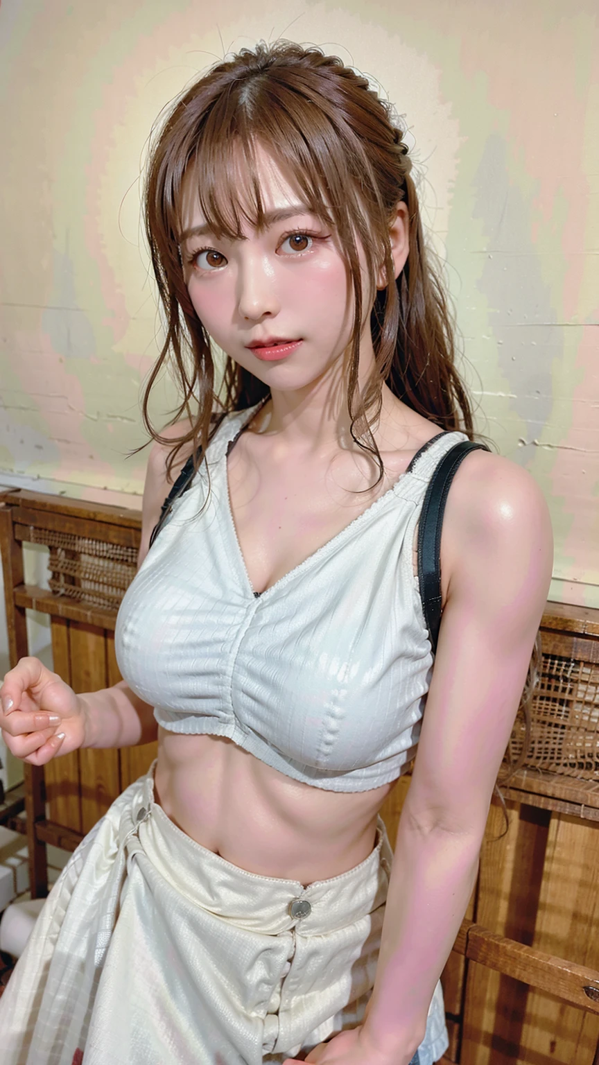 masterpiece, best quality, detail art, HD picture, one very beautiful girl, pale skin, long brown hair with bang, headphones, big eyes, chocker, necklace, sexy colorful bikini, beach background, pierced belly button, wears bracelet and ring, large earrings, sexy, sensual, big eyes, sly smile, big breasts, show cleavage, raise hands, show armpits, sweaty, muscular abs woman, bitchy, naughty, tying hair, NSFW.