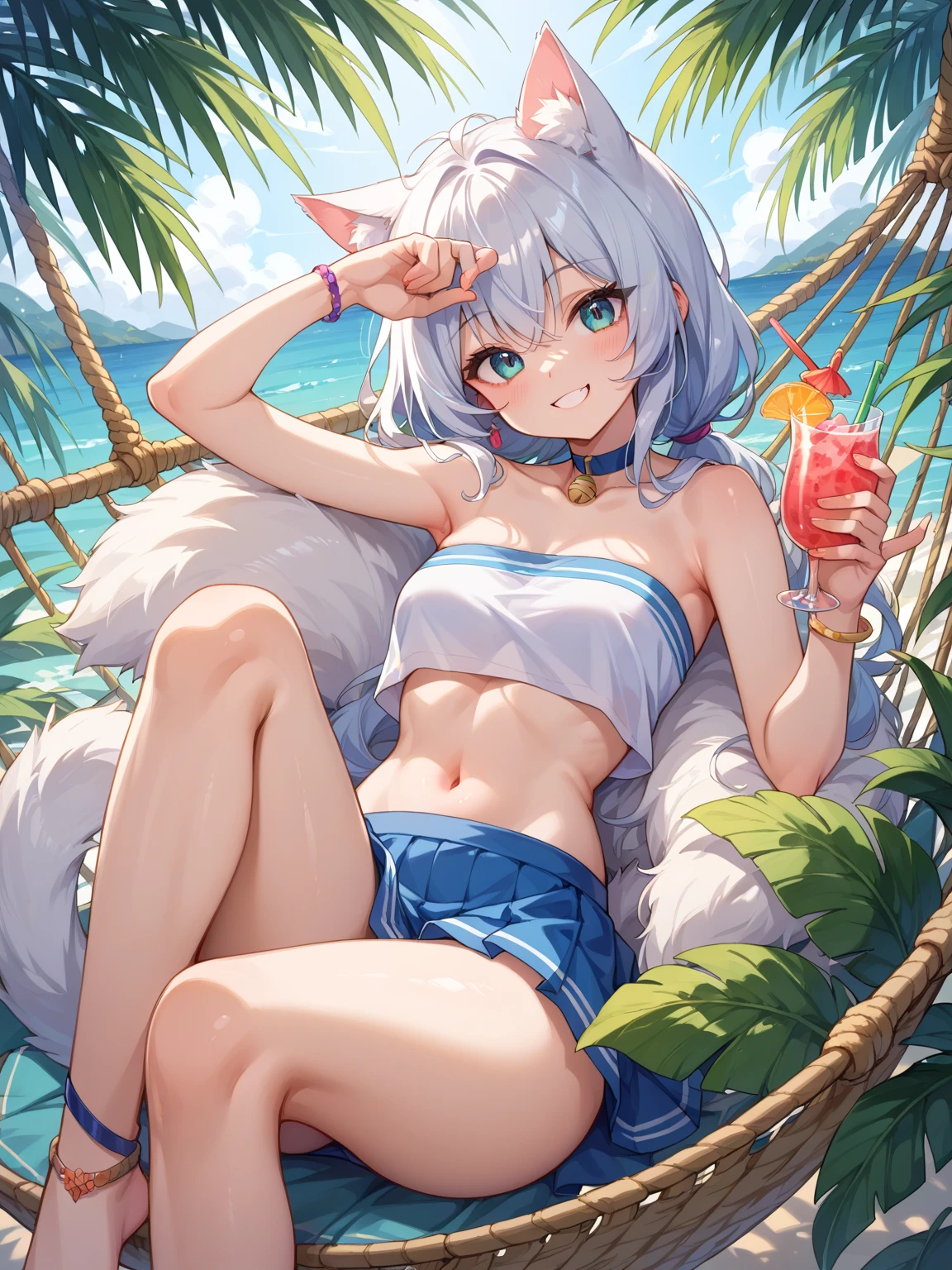 ((Biologically correct limb count)),(( Full-body photo including face)),(Absurd:1.5), (Highest quality), (Super detailed), ((Completely naked)),Wearing thin-framed glasses,((The private part is displayed)),Bright smile,Beach, (Small breasts:2), ponytail,Twin tails,Ultra-slim legs,Silver Hair,Black Hair,Slightly damp skin,Healthy Body,Amazingly cute