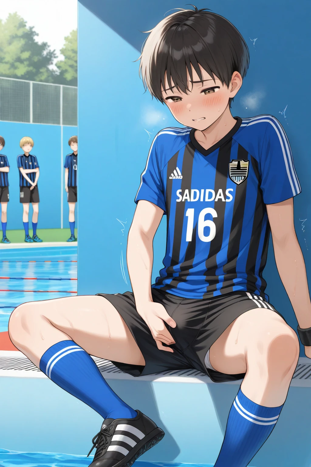 (score_9,score_8_up,score_7_up,score_6_up,score_5_up,score_4_up, source_anime), 8k, best quality, best lighting, BREAK, 1boy, 15 yo, thin eyebrows, toned, six pack, short sleeved navy soccer shirt, (bottomless: 2), veiny arms, , huge penis ((erect : 1.7)), huge testicles, thick outline, , blush, locker room, wide shot, look away, yoichi_isagi, blue eyes, black hair, sitting steel bench, spread legs, panting, bedroom eyes, steam, sweat, licking lips, (super massive cumshot: 1.5), cum on face, cum on shirt, cum on hair