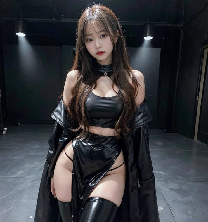 top-quality、​masterpiece、(((独奏)))、（Very normal body）、1womanl、(Super beautiful)、(ultra beautiful faces)、(A detailed face)、Rock star、spreads her legs、(Gothic fashion)、(Studded front、Open black rider's jacket with black leather skirt:1.1)、(Small white panties are visible from under the skirt:1.2)、Clear pubic contours、The pubic area is transparent、garterbelts、Black enamel high heels、Concert stage、At SFW