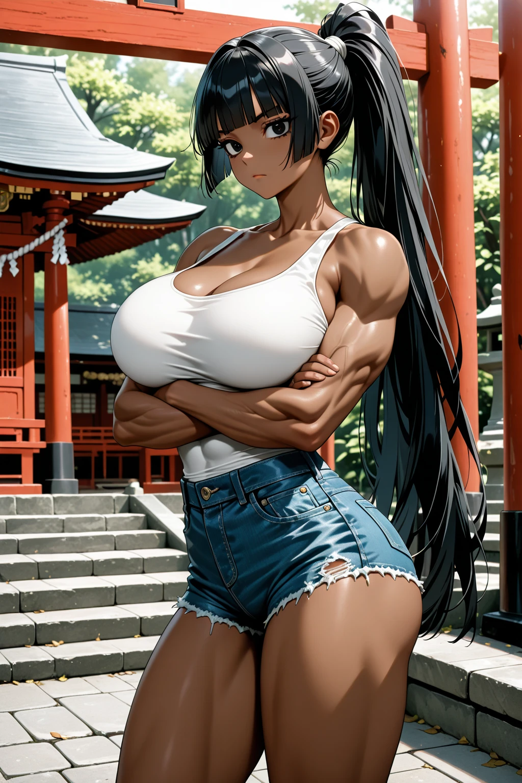 miyamizu_mitsuha, red bowtie, jewelry, white yoga crop top, white yoga tight shorts, hands on chest,see-through, looking at viewer, hair ornament, choker, shy, (masterpiece, top quality, best quality, official art, beautiful and aesthetic:1.2), (1 girl), extreme detailed, colorful, highest detailed, (huge breasts:1.2, upper body, from below, cameltoe, ) white panties, china city,street, sun, cloud, wall, leaning,