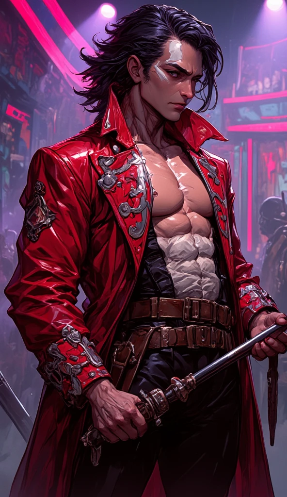 Corinthian musketeer, male, metal parts, black and red clothing, muscular