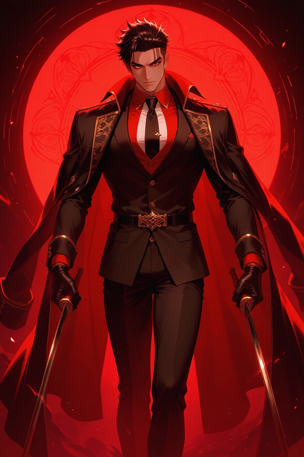 1boy, glowing red mechanical eyes, white hair, fire, masterpiece, HD, vibrant, horror, full body view, blood over mouth, grin, black trench coat, peaked general cap, wolf ears