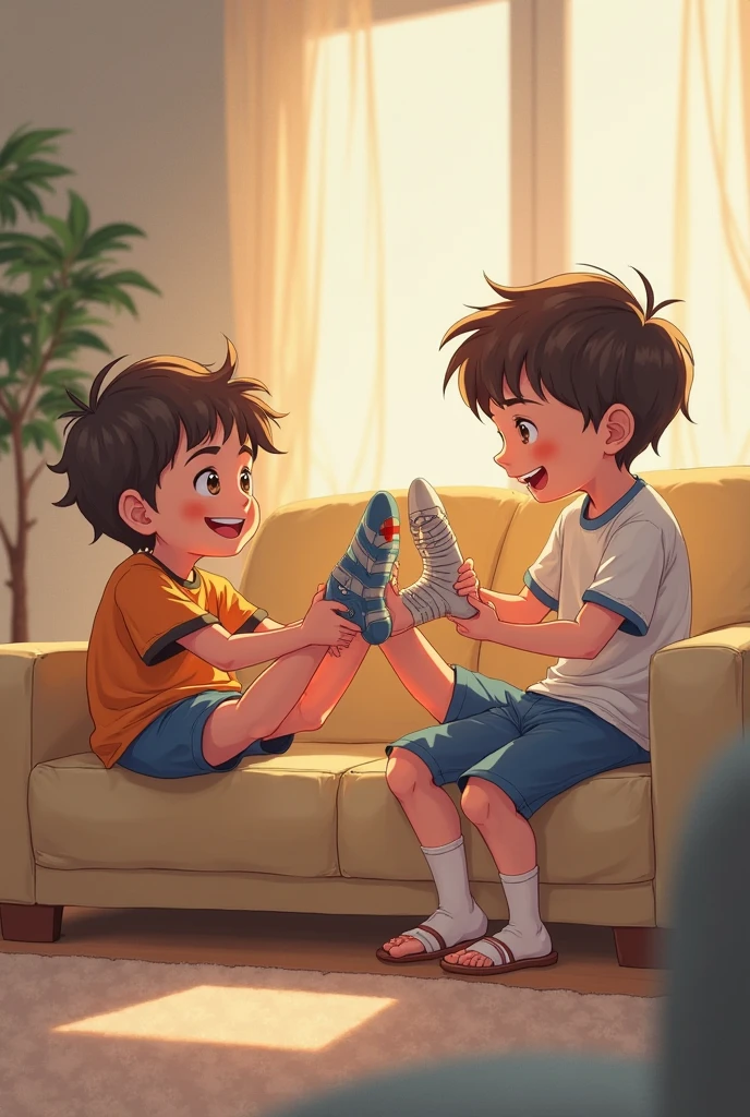 

A little brother, with a mischievous smile and a sly look, is sitting at the foot of the bed or sofa. He stretches his hands towards his older brother&#39;s feet, who is lying down and laughing out loud. The background shows a comfortable bedroom or living room, with toys and books scattered around, giving a feeling of family conviviality. The expressions of the two brothers show both mischief and amusement., capturing a moment of complicity and brotherly joy