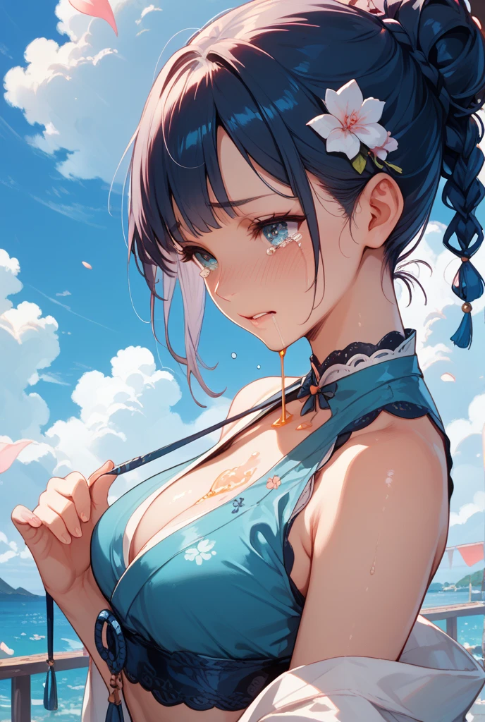 anime girl in a red  and white dress posing in the rain, seductive anime girl, beautiful alluring anime woman, extremely detailed artgerm, attractive anime girl, beautiful anime girl, beautiful anime woman, trending on cgstation, [ 4 k digital art ]!!, guweiz, in a blue qipao, digital anime art, trending at cgstation