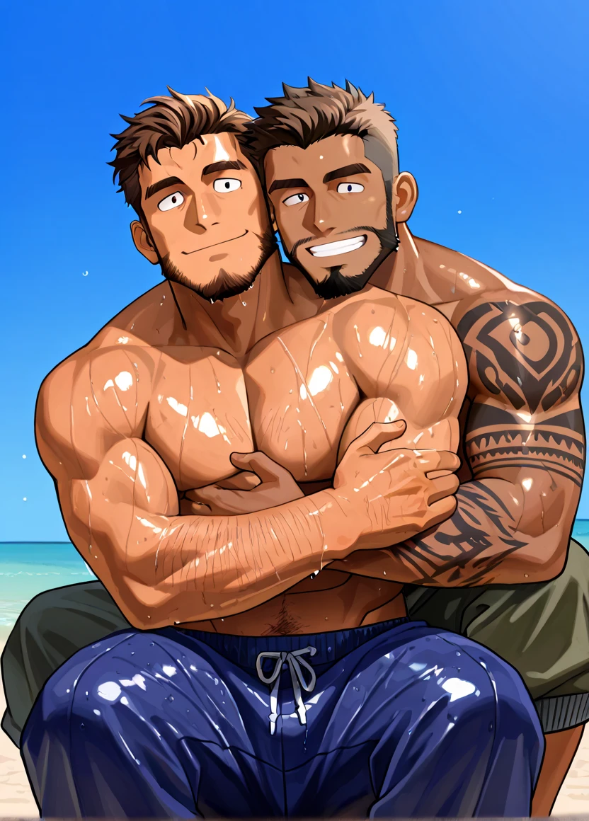 Manga-style drawing of a man with two heads. Right head looks like a 40-year-old male with blond hair and blond stubble. Left head looks like a 25-year-old male with black hair and black scruffy short beard. They are arguing with each other. They have visible age difference. The two heads are attached to a single shared body similar to an anatomically correct rendition of sicephalic parapagus twins. Muscular body, with broad shoulders and chest to accomodate the two heads sharing one body. They have a hairy body. The right side of the body has caucasian skintone, while the left side of the body is south-east asian skintone. They are conjoined men, but are not twins. Their bodies have merged into a single person, but still have two heads. Bara-styled muscles as if drawn in a manga. Only has swimming trunks as clothing. Visible bulge. SFW. Anatomically correct bara body. Background is the beach. They are sitting on the sandy rocks, with shallow waves hitting their feet. They are arguing, panting and sweaty, frowing at each other while under the shade of the palm tree.