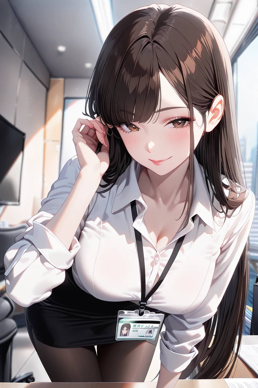1lady sitting, holding a coffee cup, office worker outfit, /(id card lanyard/), mature female, /(black hair/) bangs, (masterpiece best quality:1.2) delicate illustration ultra-detailed, large breasts BREAK /(modern office indoors/), window skyscraper