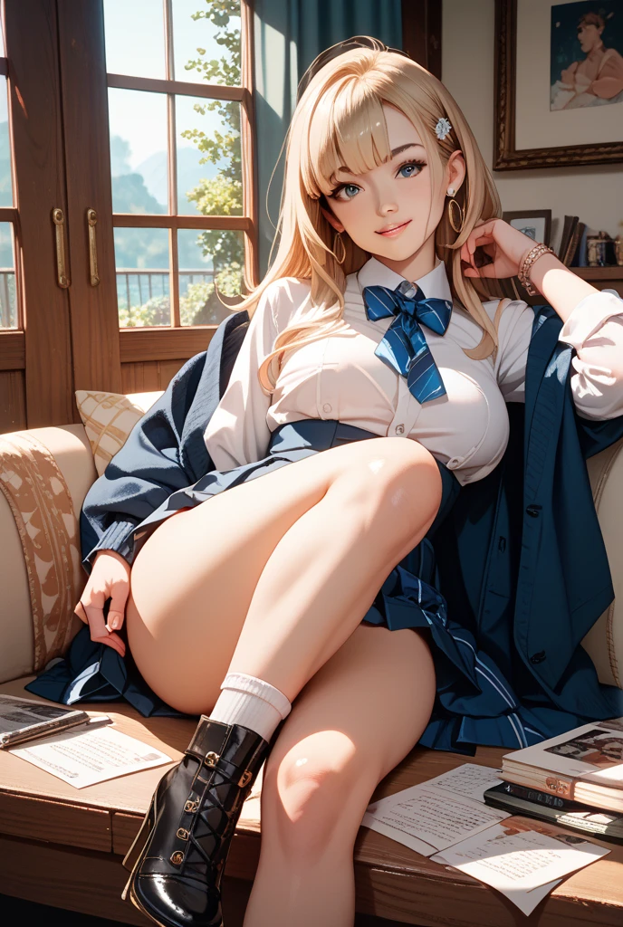 photorealisim、top-quality、超A high resolution、NSFW、Japanese high school  girl、18year old、Girl in uniform sitting on bed、low  angle shot:1.5、M-shaped legs:1.4、She opened her legs wide:1.5、Sitting with your knees bent and your legs spread、((Show panties:1.5))、sexy look at the camera、((blondehair))、((Pink Silk Panties))、Close-up in panties:1.4、Light blue shirt、Dark blue tartan plaid pleated skirt、Dark blue socks、Detailed cute and beautiful face、(pureerosface_v1:0.008)、Brown-eyed、eye liner、red blush、embarrassed from、glares、 shiny lips: 1.4,  impatience、Frightened、glares、Panty appeal、Close-up in panties:1.3、red blush、is crying、Crying、Open knees、open one's legs、Disheveled clothes、Dressing、Medium Long Hair,In the bedroom、Anatomically accurate human body、perfect arms、perfect hand、Perfect fingers、perfect leg、accurate human body