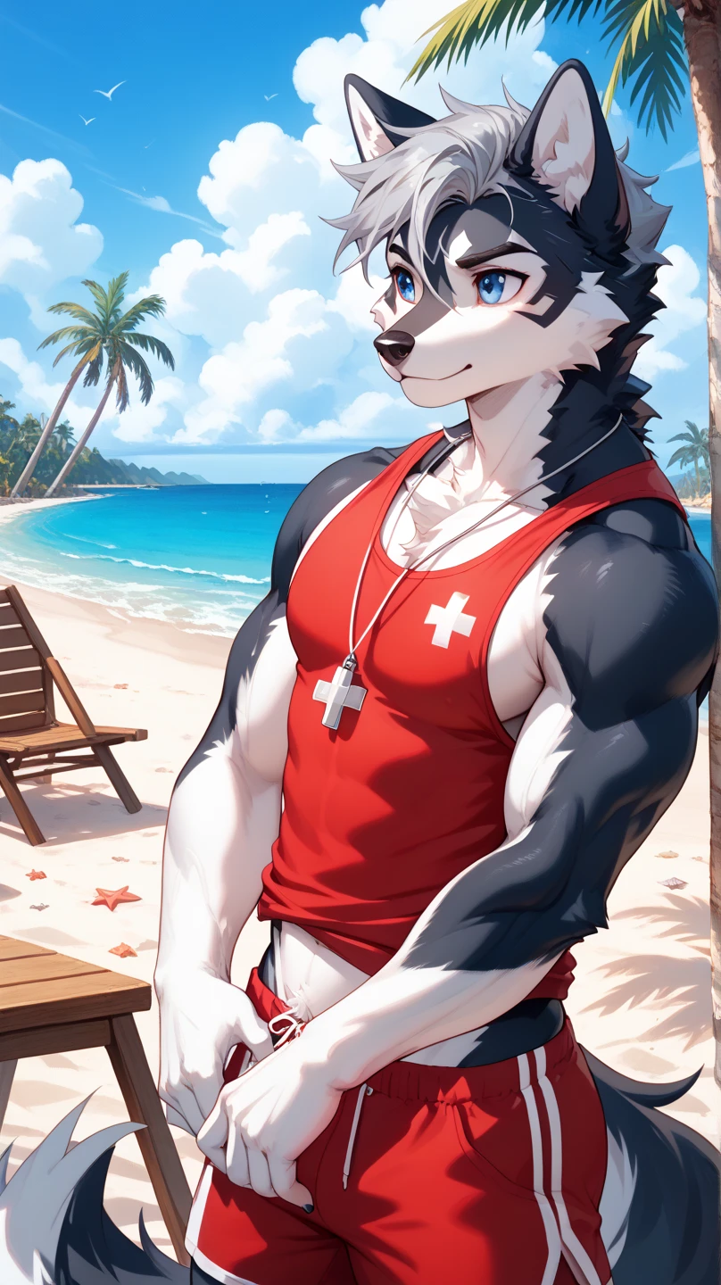 solo,kemono deer, short white hair, tank top, no pants, penis, shirt, smirk, lifeguard, extreme detail, masterpiece, hi res, high detail, detailed eyes, detailed hands, full body picture, beach background