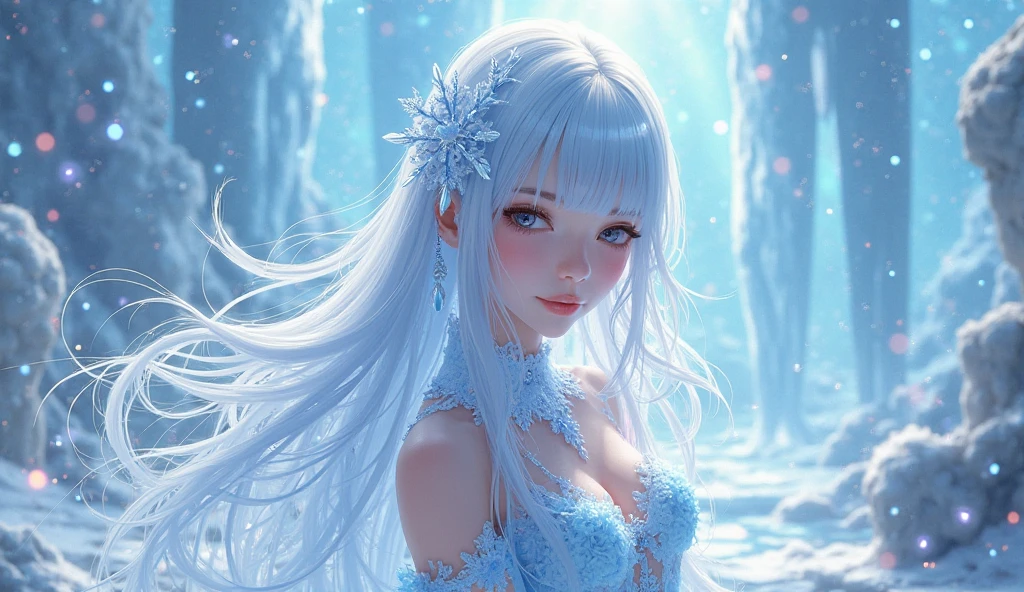 wood, Detailed mini ice spikes and crystals, Frozen waterfall as background, Light reflected on ice crystals, Flowing snowflakes.Beautiful woman、cutegirl,Realistic people