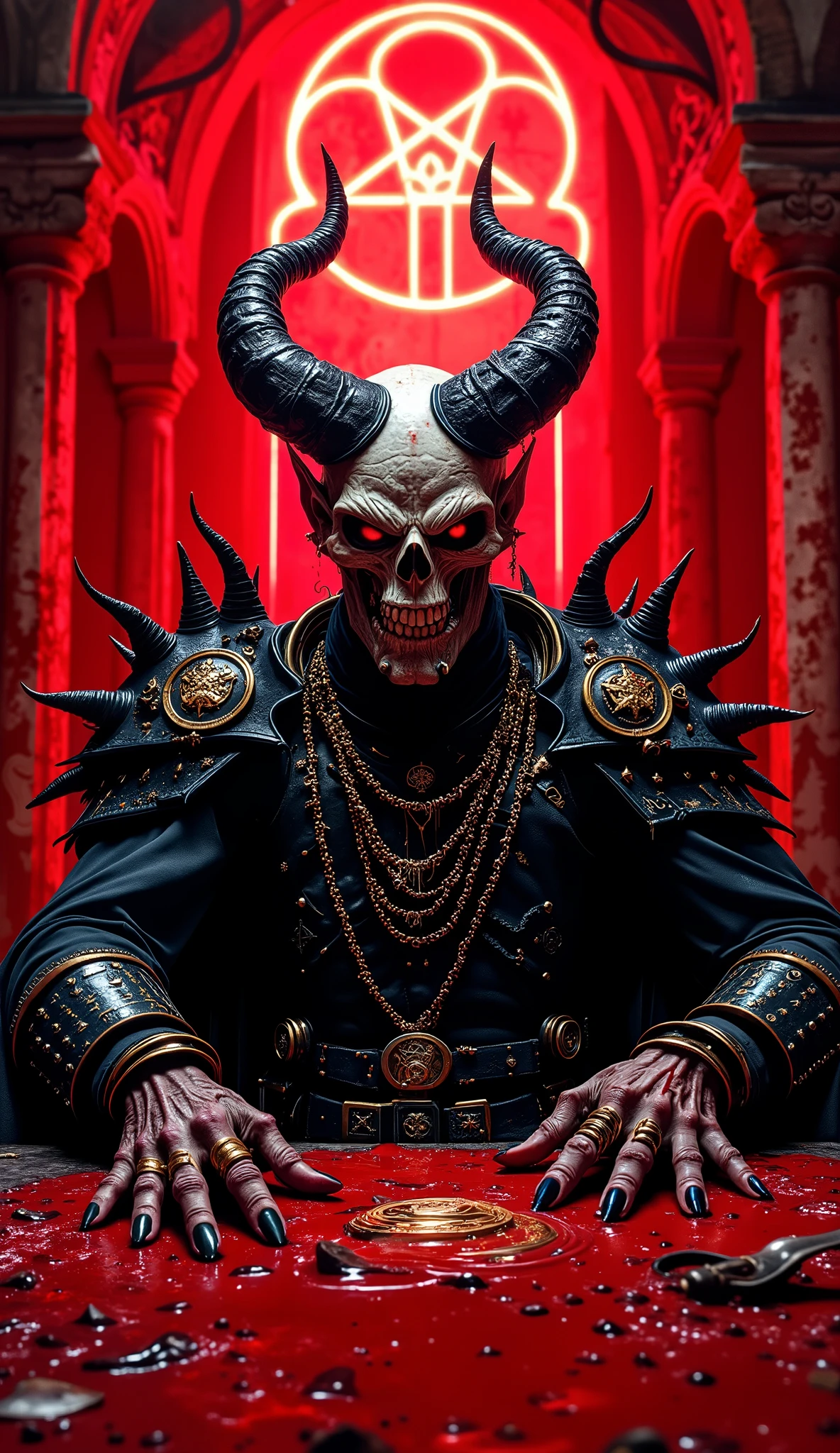 A hyper realistic, high detail scene of a demonic overlord seated at a blood-soaked ritual table. The camera angle is low mid-shot, slightly upward, creating an imposing perspective. The demon has a skeletal face with no flesh, hollow eyes, and massive curved horns. He wears a black spiked leather armor adorned with occult symbols, chains, and rings. One hand rests on the blood-dripping table while the other is raised, suggesting a silent command. Behind him is a gothic altar with glowing red stained glass and a bright inverted pentagram. The lighting is hellish red, casting shadows that enhance his terrifying authority. The environment is infernal, with ritualistic and gothic elements emphasizing the satanic atmosphere.