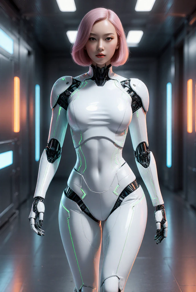 Techwear fashion (masterpiece, high resolution, CGI:1.4), (depicting a futuristic cyborg woman with striking pink hair:1.3), (her eyes emanating a mesmerizing blend of green and blue light:1.2), (a combination of human and robotic elements seamlessly integrated throughout her body:1.3), (her arms replaced with sleek, metallic limbs, adorned with intricate circuits and glowing symbols:1.3), (her legs enhanced with bionic enhancements, allowing her to move with grace and precision:1.2), (her skin featuring a seamless blend of organic and synthetic materials, giving her a unique appearance:1.2), (her robotic enhancements designed with meticulous attention to detail, showcasing a balance of aesthetics and functionality:1.2), (the Canon EOS R6 camera used to digitally capture this stunning creation:1.4), (paired with the Canon RF 85mm f/1.2 L USM lens for precise rendering of her features:1.4), (the laboratory environment exuding a sleek and minimalistic design:1.2), (clean white walls and polished metallic surfaces reflecting the futuristic ambiance:1.2), (subtle neon lights casting a soft glow, enhancing the futuristic atmosphere:1.2), (advanced holographic displays showing complex data and schematics:1.2), (the cyborg woman standing confidently amidst the advanced technology, exuding a sense of power and intelligence:1.2), (a captivating and thought-provoking portrayal of the merging of human and machine:1.2). . Futuristic, cyberpunk, urban, tactical, sleek, dark, highly detailed