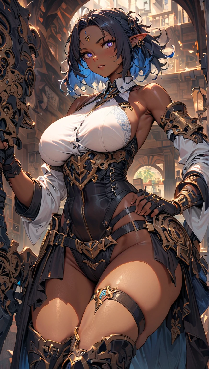 full body, barefoot, solo, female, big breast ,linen tunic, fantasy village, armor, Handcuffs on their hands, With a collar around the neck, hands on hips, slave, ((black choker, shackles on legs and arms)),