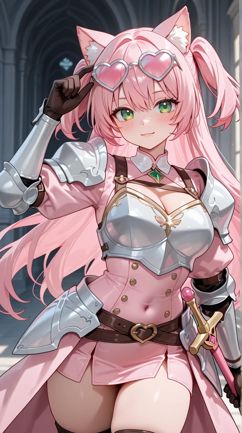 ((Highest quality)), ((masterpiece)), (detailed), One person, Pink Hair,Twin tails,Dress Armor,Green Eyes,Cane in both hands,Big Breasts,skirt,Thigh,ribbon,smile
