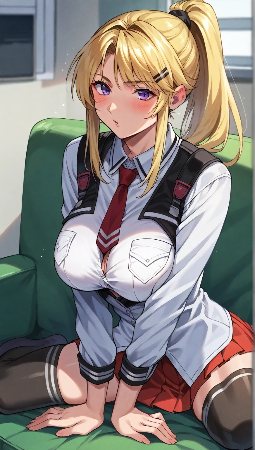 masterpiece, best quality, finely detailed, 1girl, anime, nurse, solo, underwear, panties, thigh-highs, stockings, suspenders, nurse cap, mature woman, over 45 years old, breasts, hat, clothes lift, revealing, green eyes, blond hair, white thigh-highs, smile, dress, dressing room, looking at viewer, dress lift, blush, elegant, realistic, 4K, ultra-detailed, focus on the face and body, admiring herself in the mirror.

The shelf held a masterpiece of a figure: a solo anime nurse in her late forties. Her outfit was a classic nurse uniform, complete with a white