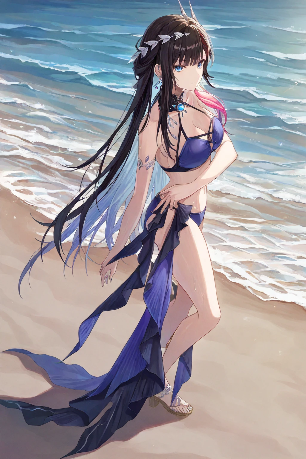 top-quality,masterpiece,Masterpiece,8k,high-level image quality,1人の女性,独奏,cowboy shot,Hancock,A dark-haired,170 cm tall,Longhaire,straight haired,Beautiful breasts in B cup,Snake piercing,Golden snake piercings,((Sheer nipples)),((Sheer bikini)),((Black sheer swimsuit)),Bikini that is wet,((teats)),Black bikini,Black swimsuit,beautiful bikini,Bikini with delicate decoration,Bright beach,Beautiful beach,White sandy beach,beautiful beaches,Standing figure,Walking along the beach,Provocative smile,Glaring eyes,Looking from above,despise,Angle from below