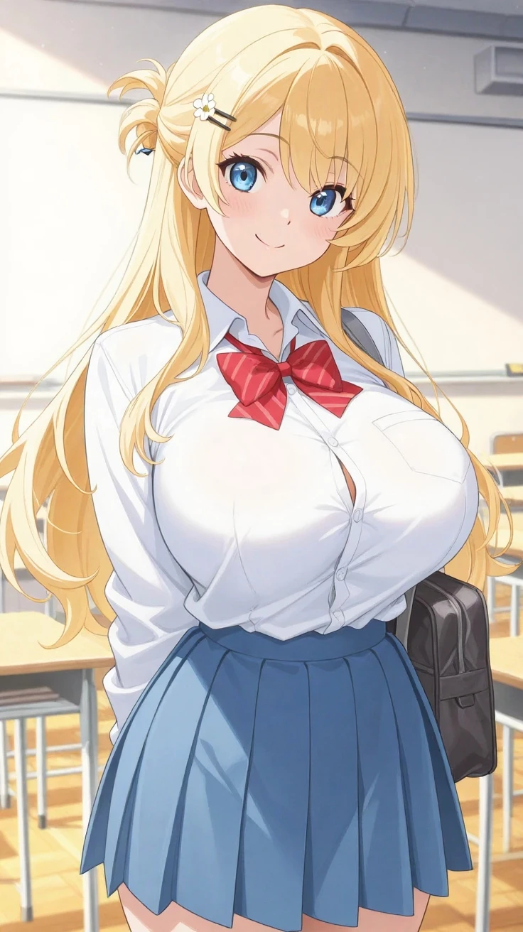 galko,, long hair, bangs, blonde hair,big breasts,lure、Excited smile, hair between the eyes, (blue eyes:1.5), long hair, colorful hair,Day, lipstick, Improve, Kogal, compensate,Emphasize cleavage、classroom、Naughty older sister、uniform、I can see the pants、skirt is short、Panty shot、break double piece (masterpiece:1.2), highest quality, High resolution, unity 8k wallpaper, (figure:0.8), (detailed and beautiful eyes:1.6), highly detailed face, perfect lighting, Very detailed CG, (perfect hands, perfect anatomy),