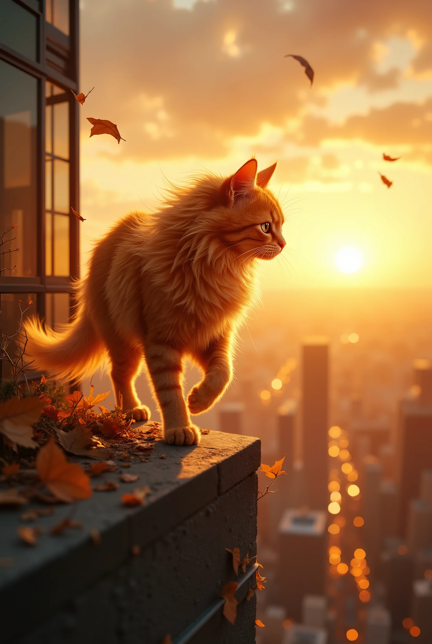 A spectacular, very dynamic cinematic shot in the style of semi-realism and anime. There is a very strong wind blowing.A majestic and beautiful red cat with long fur fearlessly strolls along the very edge of the skyscraper roof at the golden hour.The rays of the setting sun illuminate the beautiful red fur of the cat and surround it with a golden halo. The wind ruffles the cat's fur. The body is tense. Leaves and dust are flying around. The lights of the big city are visible below.The picturesque sunset sky is high with gradient colors and transparent light clouds. Aesthetics of a dynamic anatomically perfect animal against the background of an urban landscape. Color and tone linear perspective. Digital art. High detail.