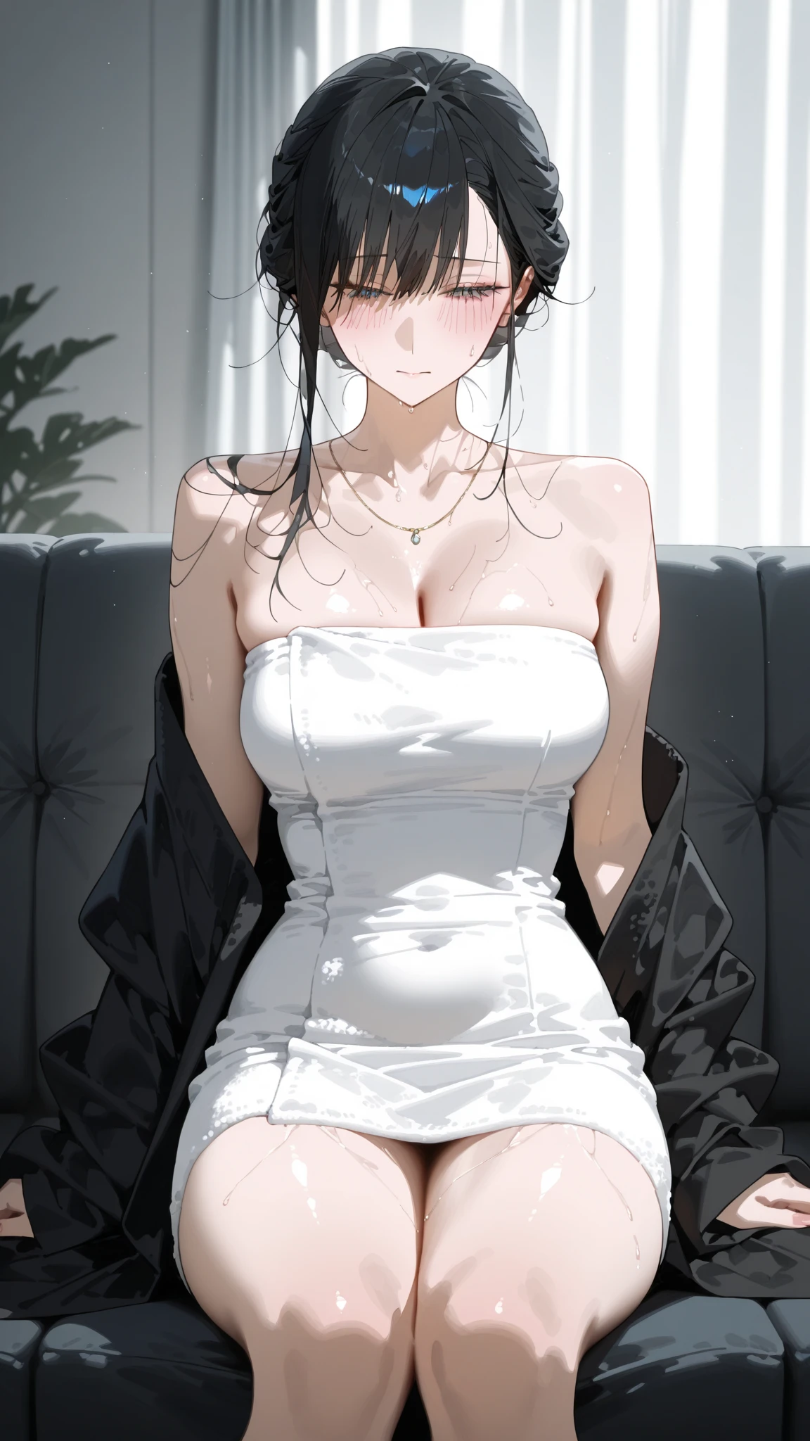 Amazing Chitanda, There is only one beautiful girl，Purple Eyes, Black Hair, Very red face，Very white skin，Glowing skin，Skin as delicate as porcelain，Naturally straight hair, Straight bangs，Extremely refined，Open lips，Long flowing hair，Beautiful Girl, Like a dream，Slim，Slim waist，Soft, (Sensual), (Kawaii), Dream quality，Beautiful big breasts，Half of the areola is exposed，Wearing a white dress，The clothes are completely transparent，Deep V neckline，Loose neckline，Wide neckline，On the train，Very crowded crowd，Soaked，no pants，Bare shoulders，Bare neck，Exposed collarbone，Exposing breasts，Exposing breasts side，Show your waist，Show your buttocks，Show your thighs，Exposing the groin，No pants，extremely shy，Ultra-high resolution, (masterpiece:1.2, best quality), (Delicate and beautiful eyes: 1.2), (Beautiful and delicate face)