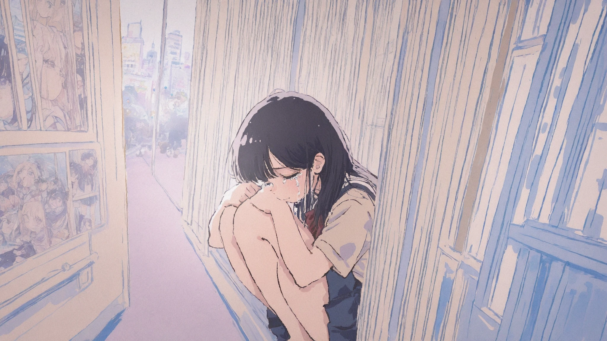 City Pop, School uniform, 1girl, girl with straight black hair squatting, Beige tone , Room, depressing, tears, dreamy and emotional atmosphere, illustration style, sad,cute face