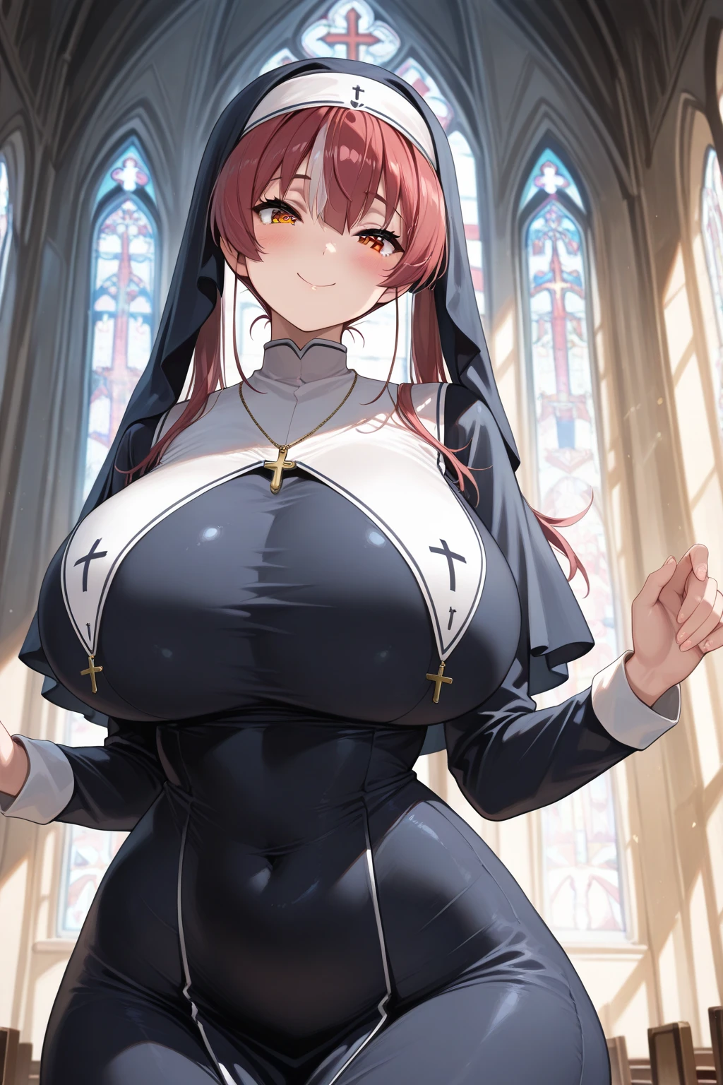 houshou marine,1girl,solo,Only the right eye is yellow,long hair,Females in heat,blush,gigantic huge breasts,nun costumes,looking at viewer,Taken from the viewpoint above,upturned eyes,near,standing up,church