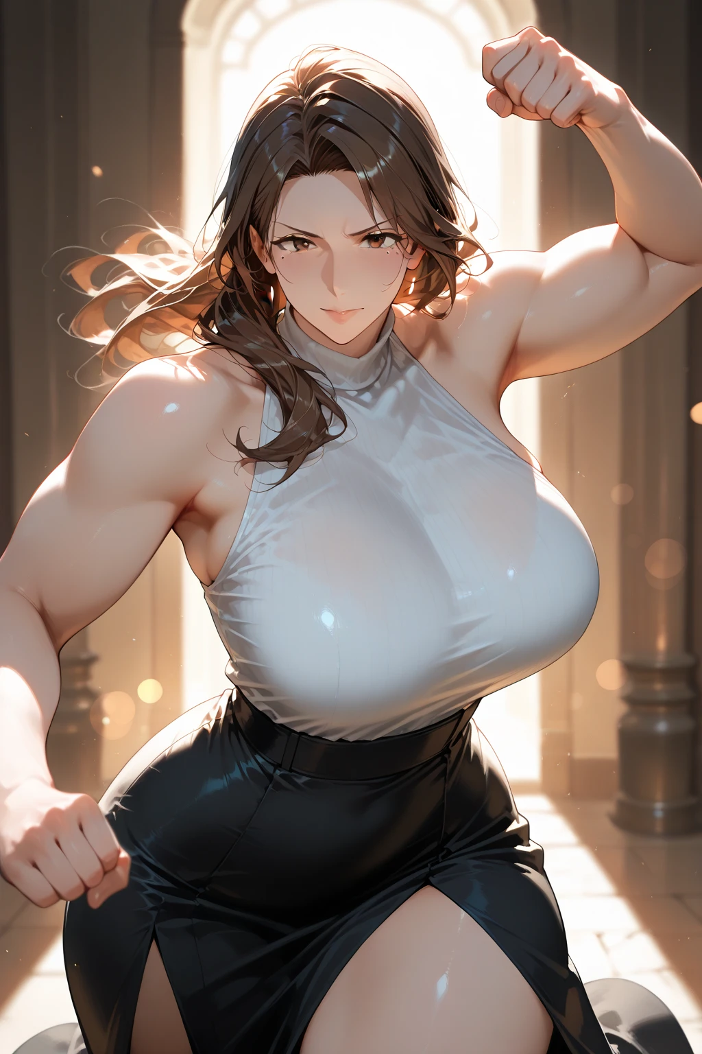 ((Best quality)),((masterpiece)),(realistic),(highly detailed), 16K, HDR, RTX, high resolution, Sexy woman, tall, beautiful, sexy, , wearing a sleeveless sequin dress, cleavage, breasts, stylish, fancy, smug smile, slutty, american armhole, jewelry, smooth shiny skin, highly detailed eyes, makeup, ((((huge muscles)))).