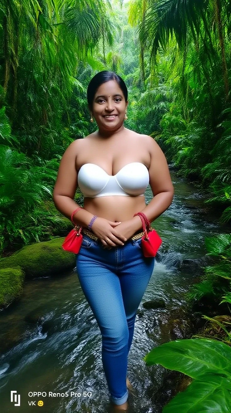 Day scene, close up photo of a Indian from top view, posing under waterfalls, wearing croptop, perfect figure wet navel, wet swooping big breasts, deep cleavage, necklace, look at viewer and smile, (cinematic:1.3), intricate details, 