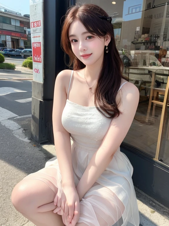 裸露的肩膀和丰满的乳房，日本女星，cos角色，Beautiful portrait of a stunning goddess girl, 紧身皮衣，夜景，漫天星光，(双马尾：1.3),(深V：1.8),（脐，1.4），(透明胸衣：1.6)，性感，霓虹都市，灯光，Slender white long legs，Smile，Beautiful and delicate face, porcelain skin, full-body shot, center, super soft lighting, symmetry, complex, elegant, Very detailed, lifelike, art station, concept art, Smooth，Stand under the sign and wait for the bus，Fair face，Faint willow eyebrows，
