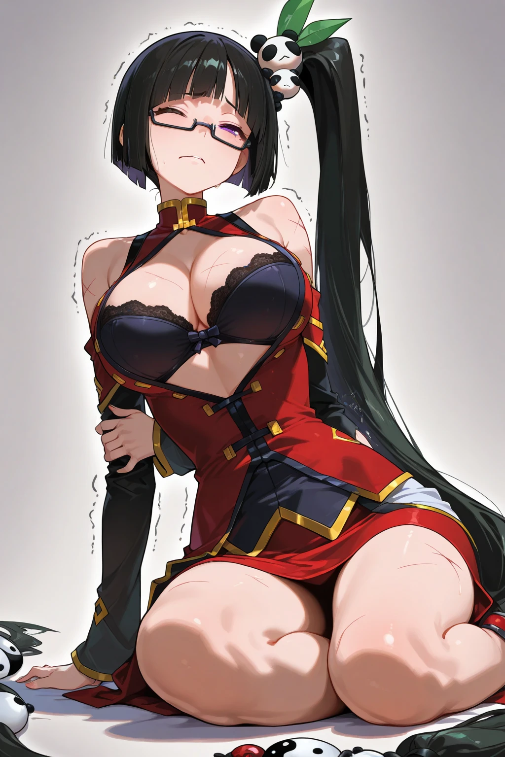 very tempting pose, using laptop, (at office room), (office room background), Red dress, chinese clothes, cleavage cutout, clothing cutout, bare shoulders, semi-rimless eyewear, black hair, very long hair, ponytail,Bangs,purple eyes, 1 girl, 20yo,Young female,Beautiful Finger,Beautiful long legs,Beautiful body, Beautiful Nose,Beautiful character design, perfect eyes, perfect face,expressive eyes, perfect balance, looking at viewer,(Focus on her face), official art,extremely detailed CG unity 8k wallpaper, perfect lighting,Colorful, Bright_Front_face_Lighting,White skin, (masterpiece:1.0),(best_quality:1.0), ultra high res,4K,ultra-detailed, photography, 8K, HDR, highres, absurdres:1.2, Kodak portra 400, film grain, blurry background, bokeh:1.2, lens flare, (vibrant_color:1.2),professional photograph, (Beautiful,huge_Breasts:1.4), (beautiful_face:1.5),(narrow_waist)