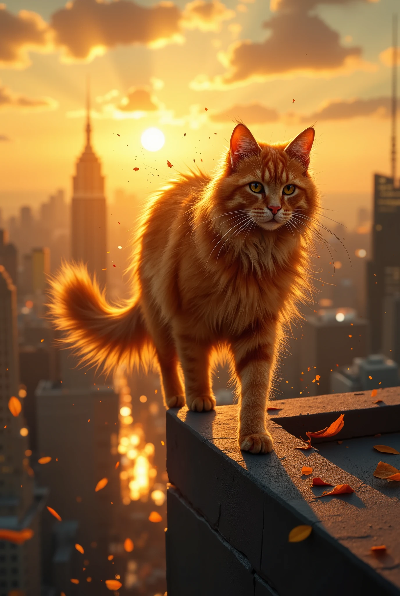 A spectacular, very dynamic cinematic shot in the style of semi-realism and anime. There is a very strong wind blowing.A majestic and beautiful red cat with long fur fearlessly strolls along the very edge of the skyscraper roof at the golden hour.The rays of the setting sun illuminate the beautiful red fur of the cat and surround it with a golden halo. The wind ruffles the cat's fur. The body is tense. Leaves and dust are flying around. The lights of the big city are visible below.The picturesque sunset sky is high with gradient colors and transparent light clouds. Aesthetics of a dynamic anatomically perfect animal against the background of an urban landscape. Color and tone linear perspective. Digital art. High detail.