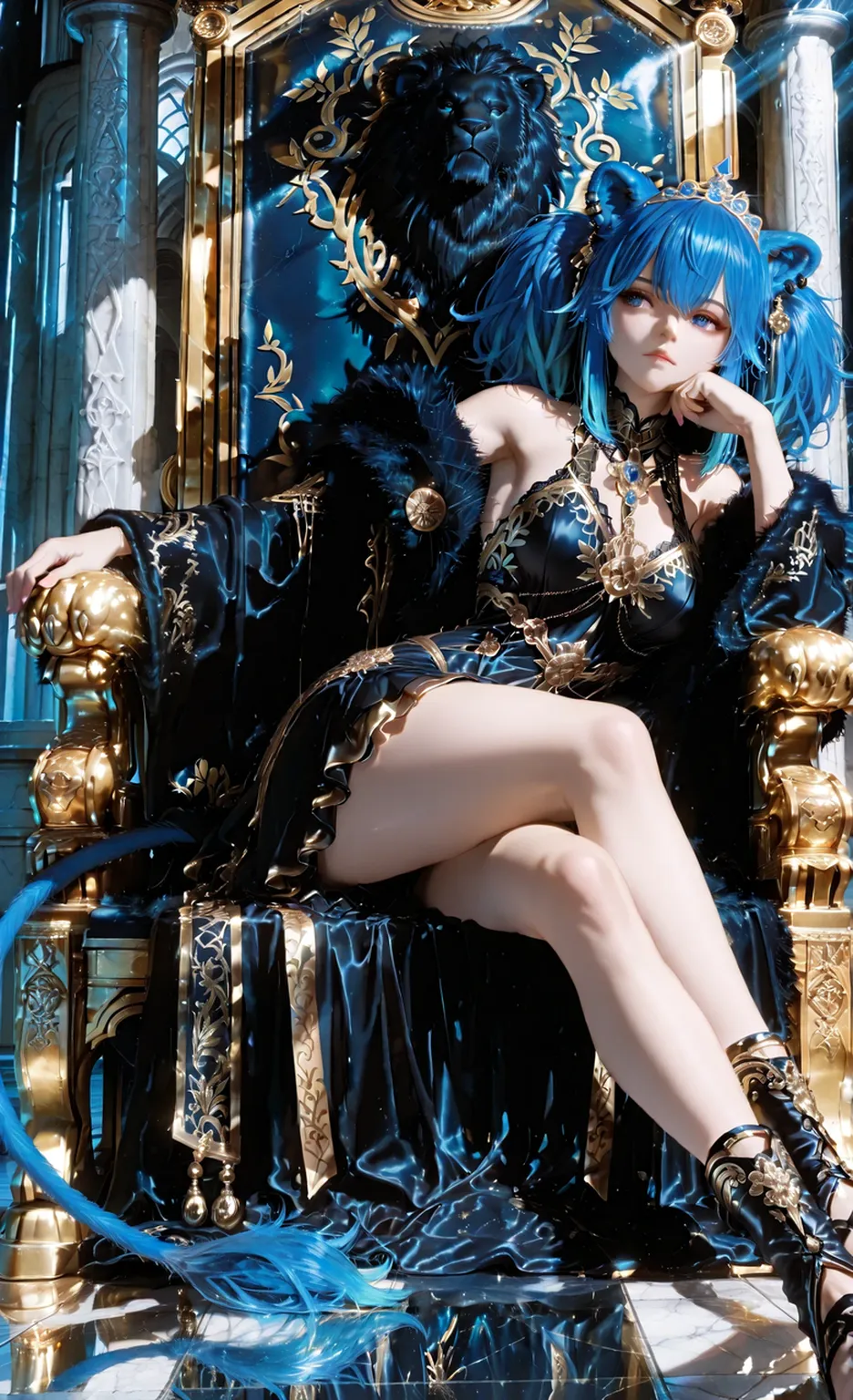 Xenovia Quarta blue hair, black horns on the head, Xenovia Quarta hair style, large breasts demon princess, demon background, sittting on a throne in a king hall looking at the viewer, dark brown and yellow eyes, 