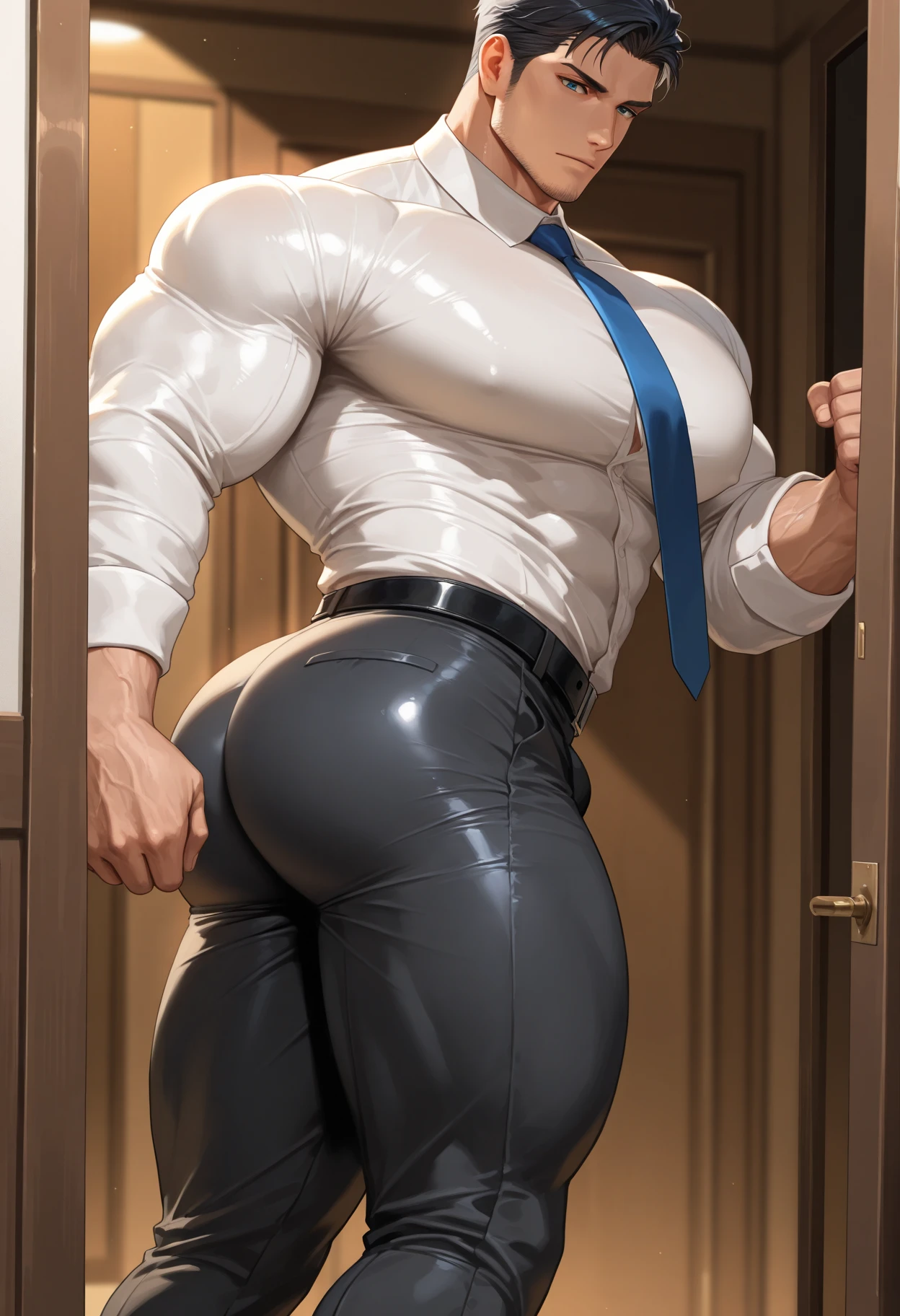 A FULL BODY of a cute big chubby young white Japanese-Filipino adult teenager male guy, 2, white light skin tone, short blond hair and short beard, big smooth bulging manboobs, no abs, detailed face, HD, 8k, detailed, super ultra high resolution, high quality, photorealistic, realistic, ultra detailed, oily big torso body, big guy, (wearing a tight White polo uniform shirt with black necktie and white dirty socks), exposed crotch big cock, at the overgrown abandoned highway, ((sticking tongue's out and drooling alot)), kneeling down