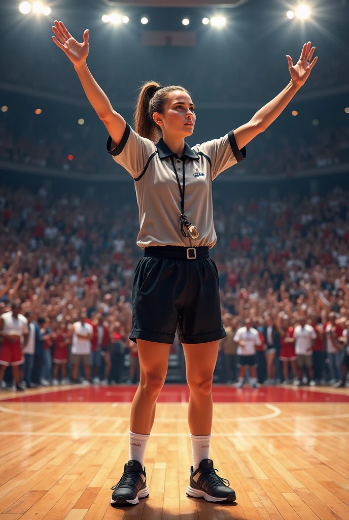 Create the image of a beautiful female wrestling referee in an apron.