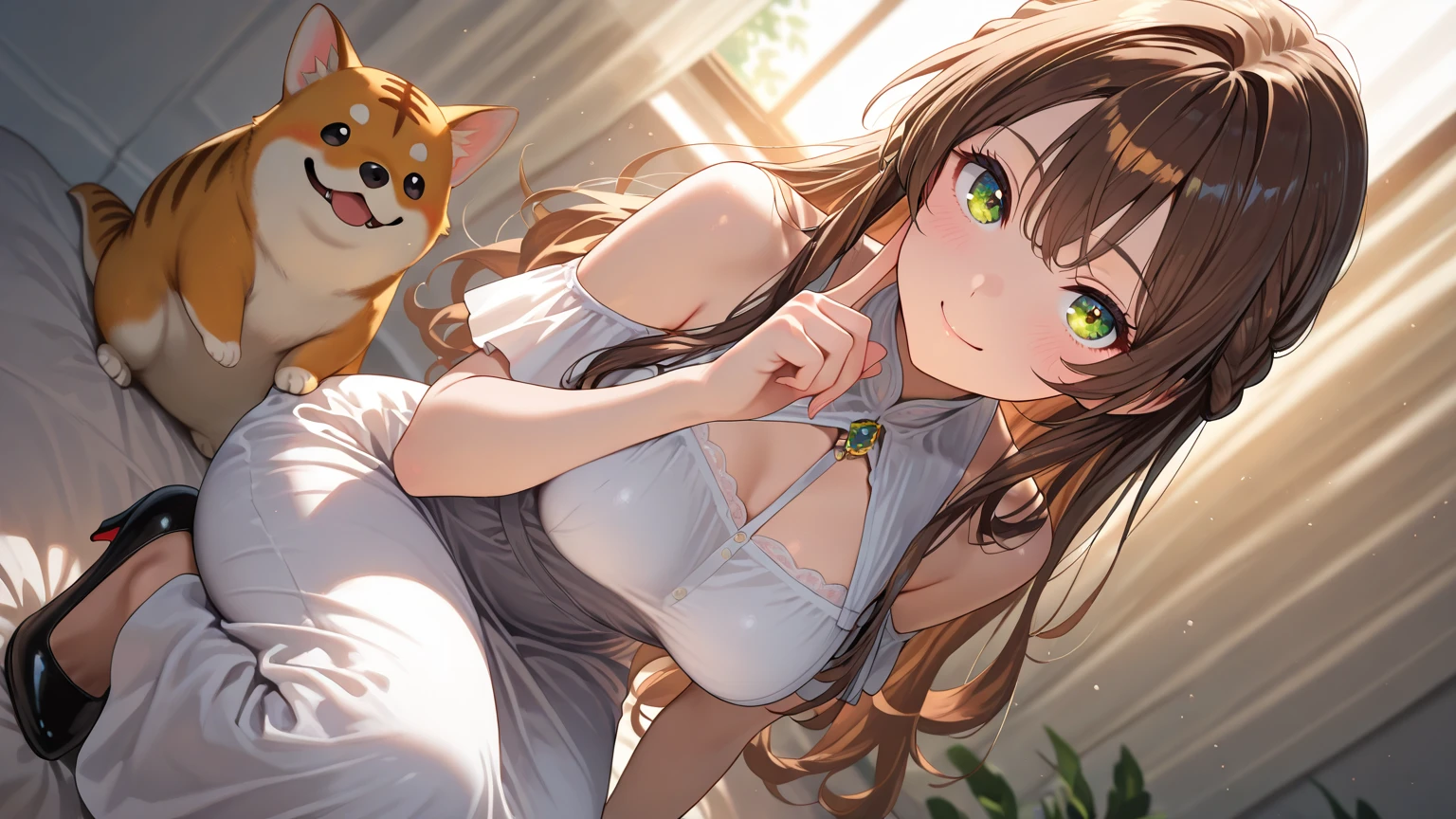 Highest quality、High resolution、Detailed Background、(Beautiful face in every detail:1.4)、(Normal number of fingers:1.2)、(Highly detailed face)、(Detailed eyes)、Teenage beauty、(Huge breasts:1.2)、Perfect body line、ponytail、Twin tails、cute hairstyle、A big smile、An innocent smile、Cute gestures、

(A girl playing with her friends in cat costumes, innocent and happy.:1.5)、

The girls wore cute cat ear headbands.、Has a fluffy tail、
The knitted one-piece has a cat&#39;s face printed on it, and she is wearing gloves with small paw prints on them.、On her feet, she is wearing green leggings and fluffy slippers.、Just like a real kitten、Running around energetically、Lounging around at home、Basking in the sun by the window、「Her」&quot;、Pretending to lick a plate of snacks、The way he relaxes just like a real cat、So cute、It&#39;s filled with a happy atmosphere、The girls were playing enthusiastically.、It&#39;s a sight that will make you smile.、cute