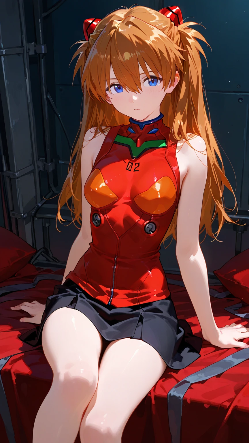 1girl, souryuu asuka langley, neon genesis evangelion,long hair,master piece,ultra high res,spuating,spread knee,looking viewer,black skirt,from front