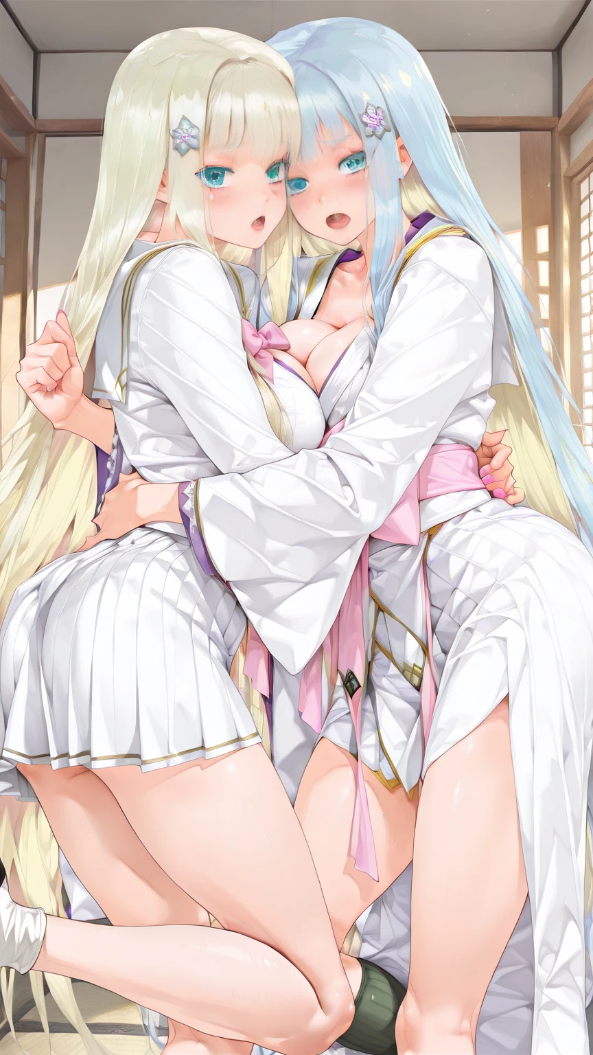 (fiche de conception de personnage, same character, Devant, side, de la), ((extremely detailed illustration)), high resolution, des mains parfaites à cinq doigts, visage parfait . Deux filles de 25 ans,Soeurs jumelles, avec de gros seins et des mamelons qui pointent, vêtu d'une combinaison rose en latex (spandex) style hentaï ouverte aux parties intime, the scene shows her caressing her breasts, back bent facing the audience, angle de vue multiples, seductive and explicit, corps voluptueux et musclé, legs spread, plaisir intense écrit sur son visage, eyes rolled upwards. NSFW❤️💕💖💋