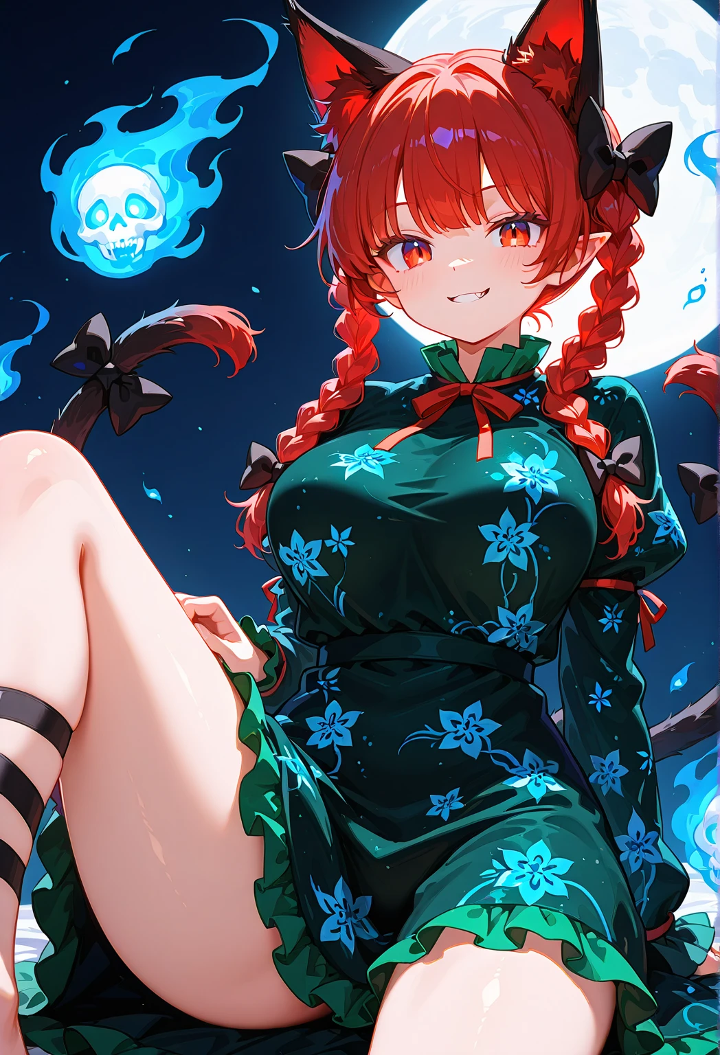 masterpiece, best quality, ultra-detailed, beautiful, nai3, 1girl, solo, full_body, tachi-e, 
kaenbyou_rin, 1girl, animal ears, red hair, short hair, twin braids, red eyes, hair bow, multiple tails, ribbon, green dress, nekomata, hitodama, blue fire, skull, twin braids, hair bow, green dress, long sleeves, cat tail, multiple tails,