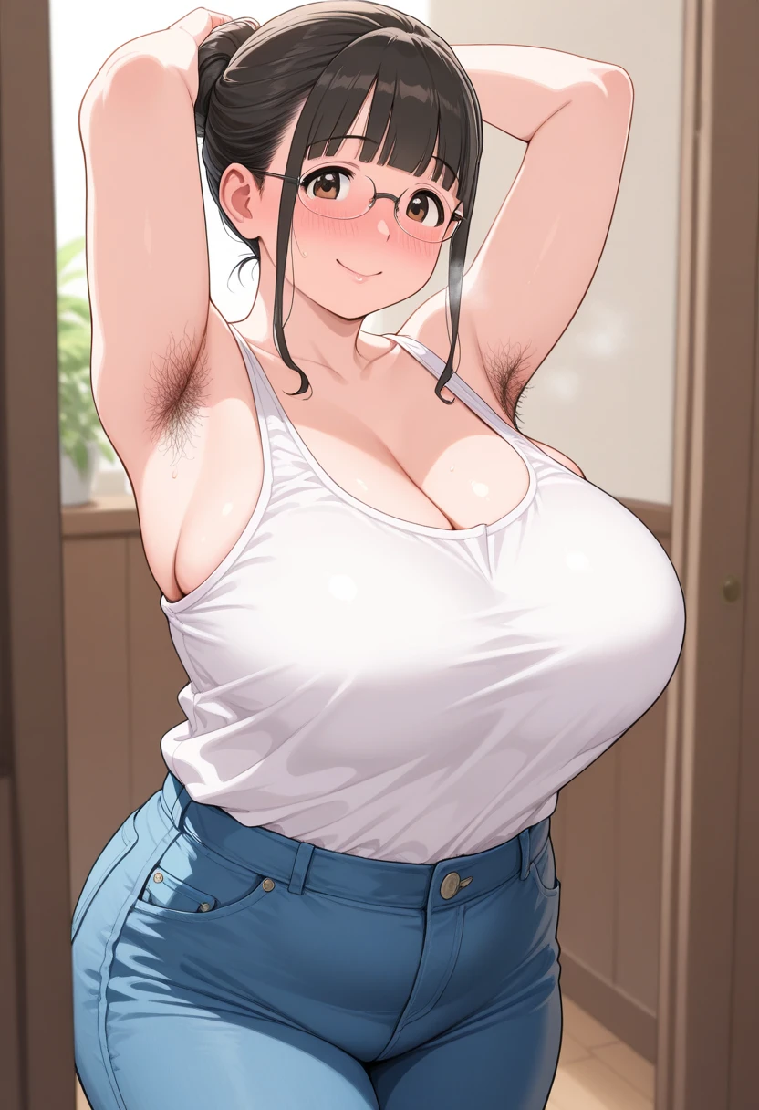 hiquality、16 K、NSFW、(())、((huge chest head)),fatness、thick thighs、 (red eyes), srestrained, blush,Short hair, (Black hair,Spread legs),(Arms behind your head),(Sweat)、despairing、(((I'm surprised)))、is crying、(nipples are protruding)、((Pale light blue panties))、Office room、Standing、Dynamic Angle、eye glasses、