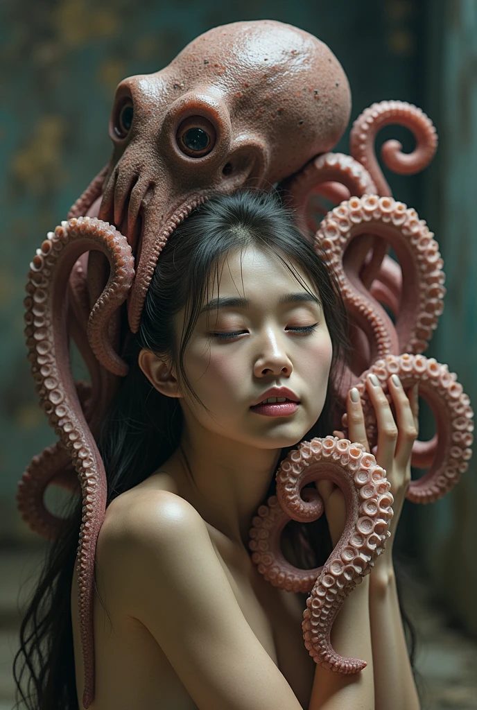 (extremadamente detallado, obra maestra, La mejor calidad), Estilo oscuro, intense illumination, rostro con arrugas, lengua larga, tentacle, deforme, monstruoso, alien con Colmillos finos, pico de pulpo amenazante. manchas de tinta. Rococo composition. Luz de caravaggio