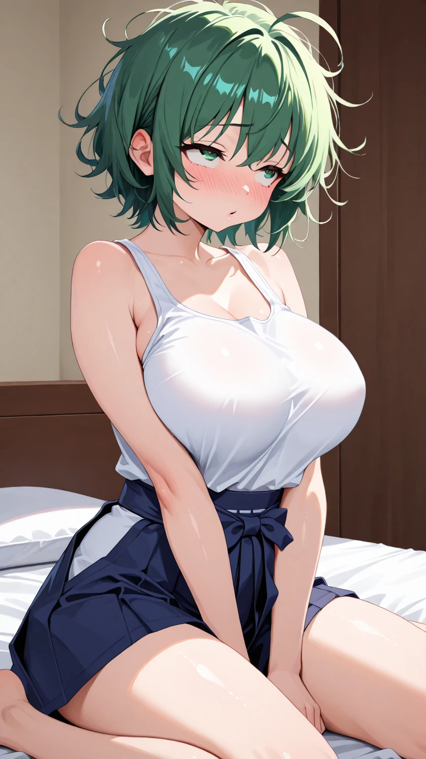 1girl, ultra high res, large chest, cleavage, white shirt, gym shorts, pull shirt, smile
