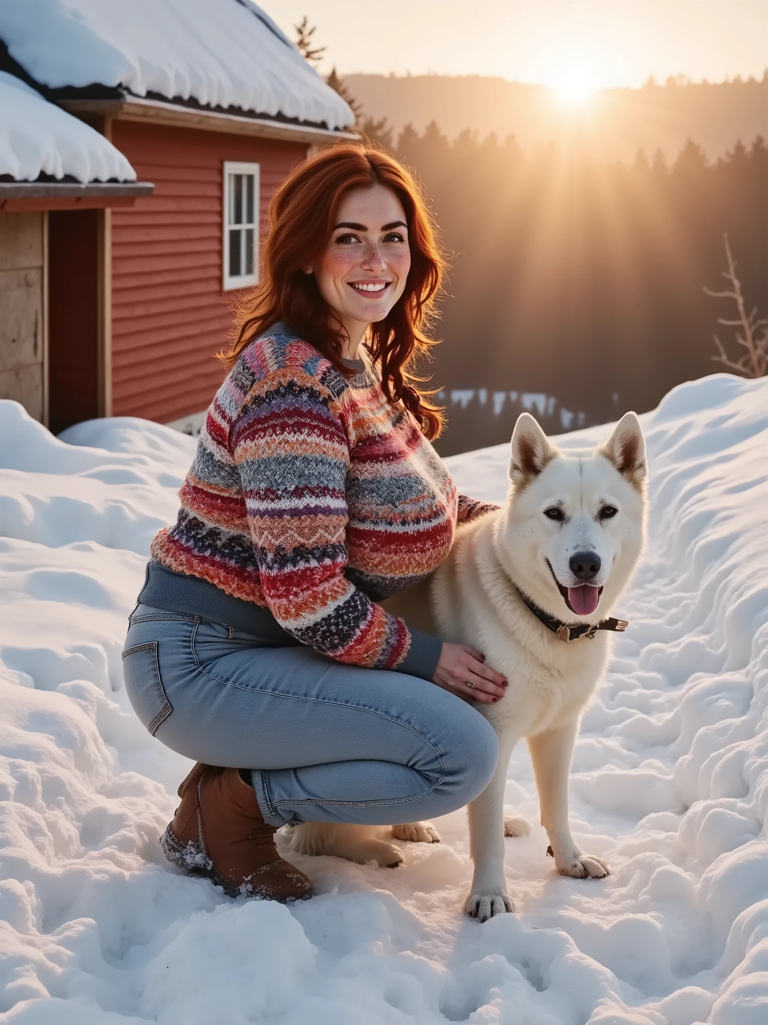 close-up picture, photorealistic, a 40-year old woman kneeling next to a white husky dog. She's wearing a colourful sweater, large breasts, jeans and winter boots. Snow on the ground. Behind her a red wooden house and snowy hillside. Bright early morning sunrise with yellow horizon. She's smiling, beautiful brown eyes, freckles.