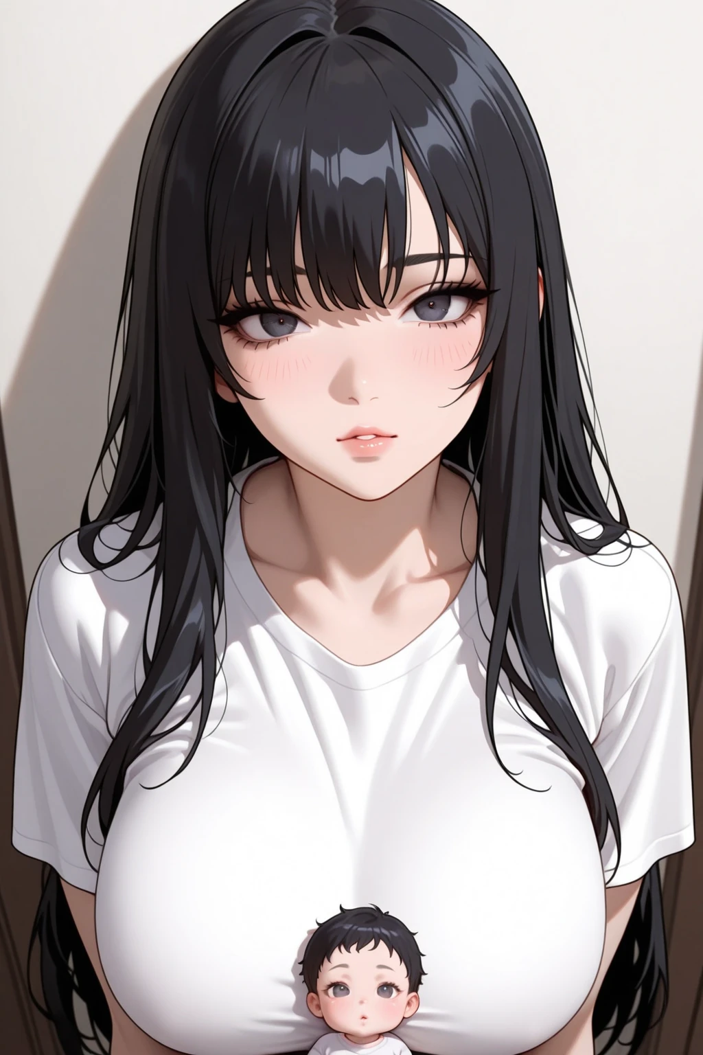 Cute mommy, mature women, realistic skin,perfect ,black hair, long hair, (hair over one eye:1.4), messy hair, hair between eyes, Sexy , sweating,perspire,cute expression , bedroom